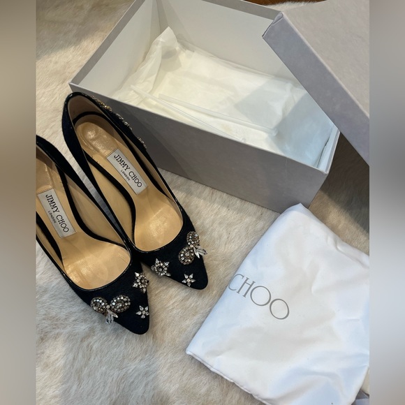 Jimmy Choo Romy 100 Embellished Flannel Point-Toe Pumps - Picture 4 of 12